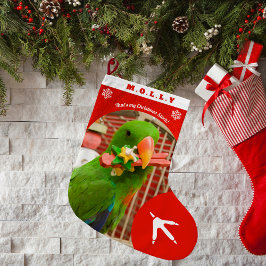オーダーメイド ペット インコ 写真 ホリデー 赤 パーソナライズド ラージクリスマスストッキング