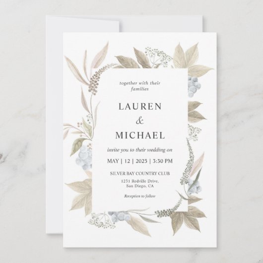 オーダーメイド ホワイト グレー リーフ ブルー ベリー ウェディング 招待状 (正面)