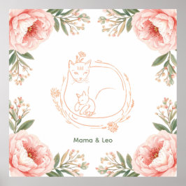 オーダーメイド ママ猫と子猫のフラワーポスター ポスター