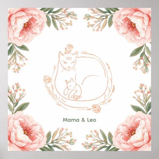 オーダーメイド ママ猫と子猫のフラワーポスター ポスター (正面)