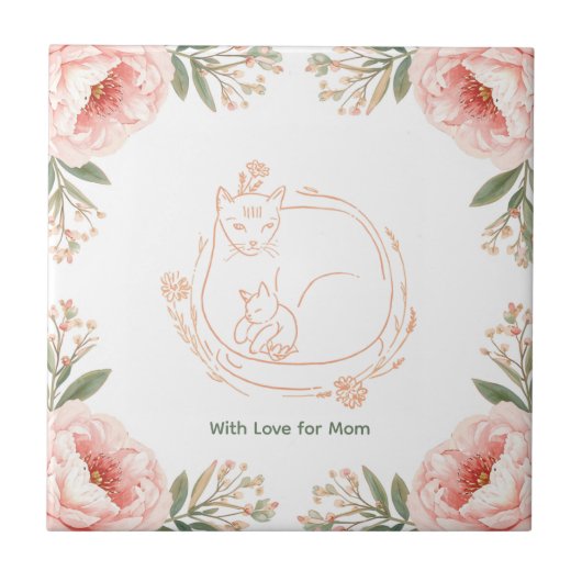 オーダーメイド ママ猫と子猫のフラワーモーテルズデー タイル (正面)