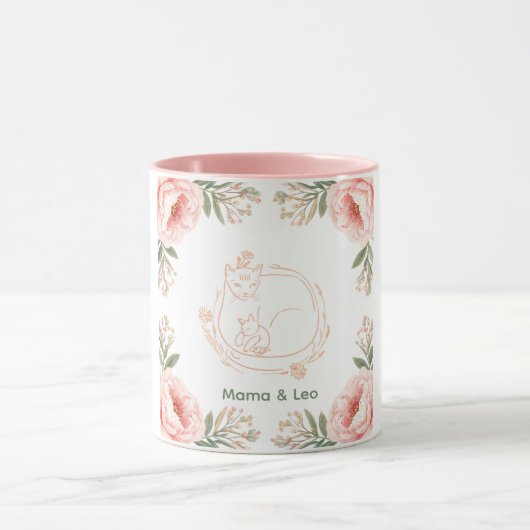 オーダーメイド ママ猫と子猫の花柄コーヒーマグカップ マグカップ (中央)
