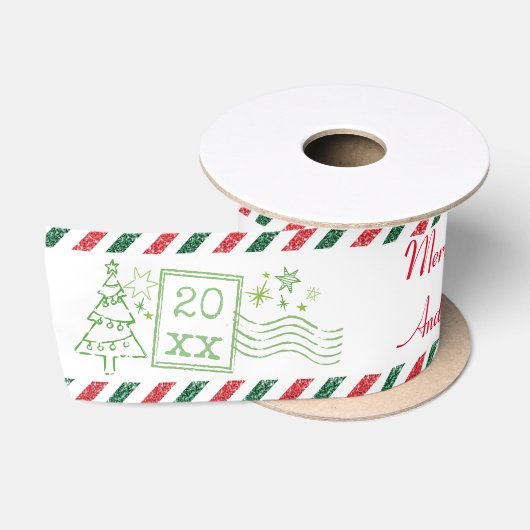 オーダーメイド メリークリスマス グリッター航空郵便 サテンリボン (リール)