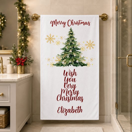 オーダーメイド メリークリスマス 水彩ツリー バスタオル