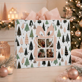 オーダーメイド モダンピンクのクリスマスフォトギフトバッグ ラージペーパーバッグ