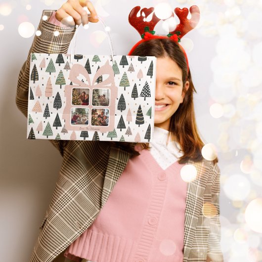オーダーメイド モダンピンクのクリスマスフォトギフトバッグ ラージペーパーバッグ