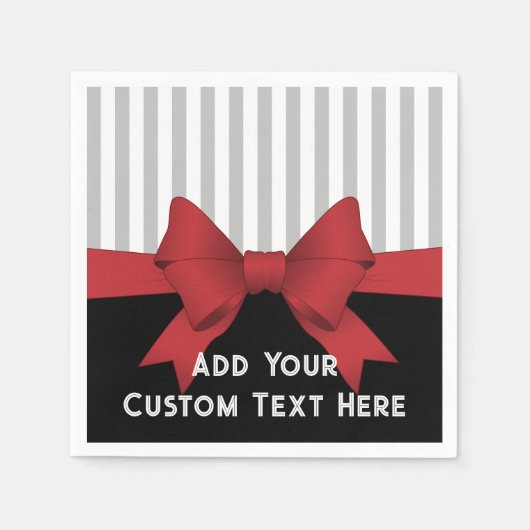 オーダーメイド モダン レッド リボンとストライプの紙 スタンダードカクテルナプキン (正面)