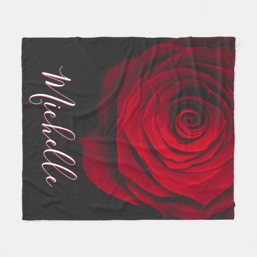 オーダーメイド モノグラム 赤いバラ ヴィンテージ 写真 黒 フリースブランケット (正面(横))