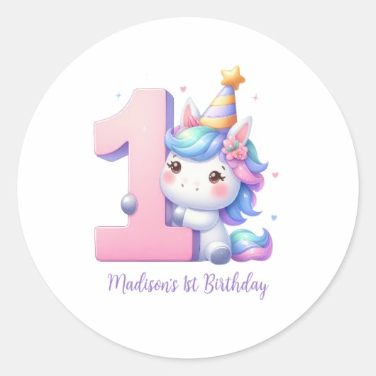 オーダーメイド ユニコーン 1歳の誕生日 ラウンドシール (正面)
