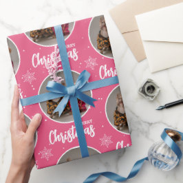 オーダーメイド レトロ ピンク メリークリスマス ワン サークル フォト ラッピングペーパー