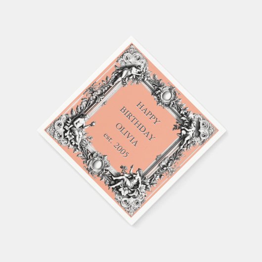 オーダーメイド ヴィクトリアン スクロール フレーム ナプキン – クリームピンク スタンダードカクテルナプキン (角)