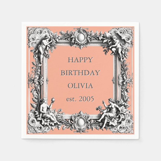 オーダーメイド ヴィクトリアン スクロール フレーム ナプキン - クレイピンク スタンダードカクテルナプキン (正面)