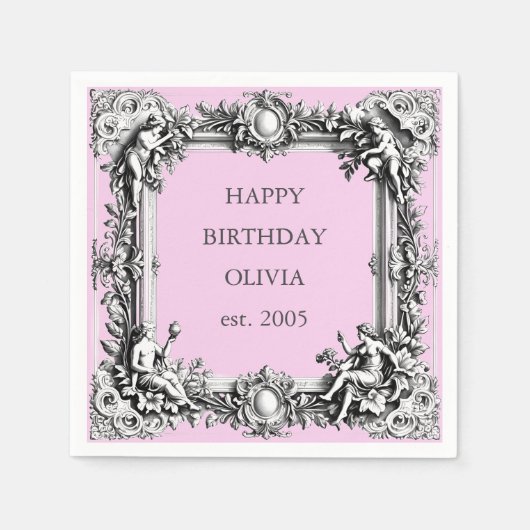 オーダーメイド ヴィクトリアン スクロール フレーム ナプキン - ピンク スタンダードカクテルナプキン (正面)