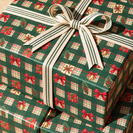 オーダーメイド ヴィンテージ グリーン チェック クリスマス ラッピングペーパー