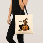 オーダーメイド ヴィンテージ ハロウィン 魔女 黒猫 カボチャ トートバッグ (正面(商品))