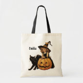 オーダーメイド ヴィンテージ ハロウィン 魔女 黒猫 カボチャ トートバッグ (正面)