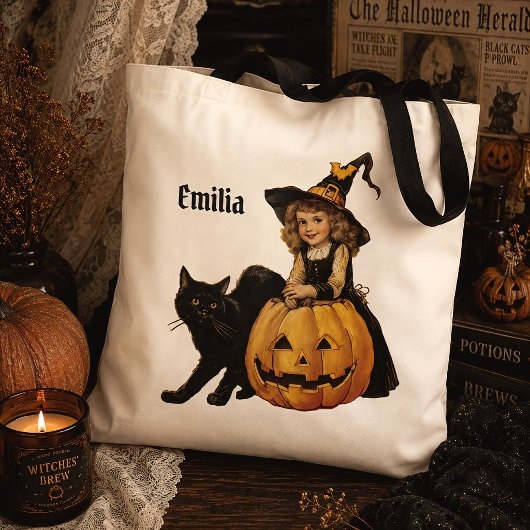 オーダーメイド ヴィンテージ ハロウィン 魔女 黒猫 カボチャ トートバッグ