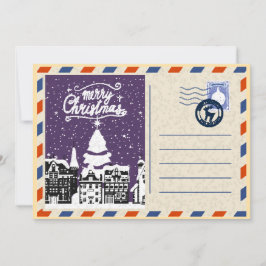 オーダーメイド ヴィンテージ 水彩 雪景色のクリスマス ヴィレッジ シーズンカード