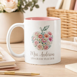 オーダーメイド 先生の名前と学年入り 花柄アップル ツートーンマグカップ
