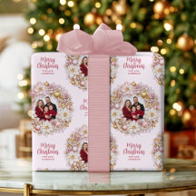 オーダーメイド 写真入り ピンクとゴールドのクリスマスリース