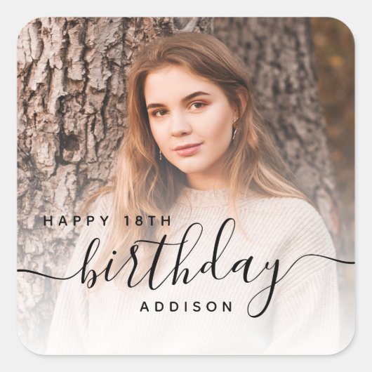 オーダーメイド 写真 ブラック 手書き風 フォント 18歳の誕生日 スクエアシール (正面)