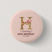 オーダーメイド 名前イニシャル H ゴールド ブラッシュ ピンク ローズ ボタン 缶バッジ (正面)