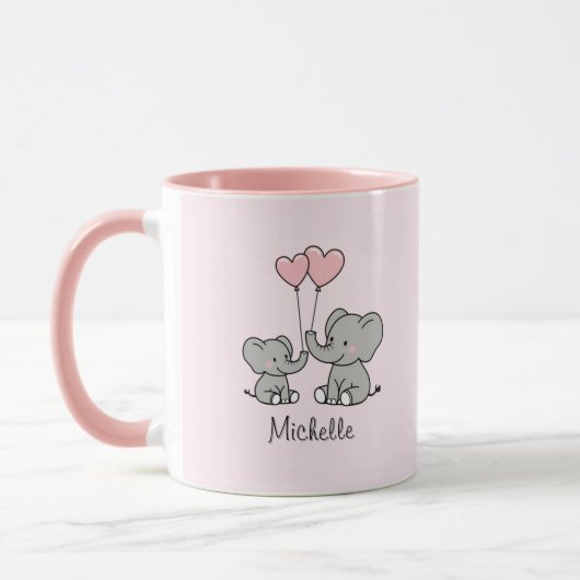 オーダーメイド 名前入り かわいいゾウ 母と子 ピンク マグカップ (左)