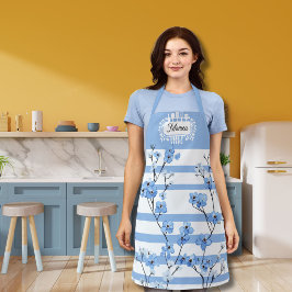 オーダーメイド 名前入り ブルーブロッサム ストライプデザイン エプロン