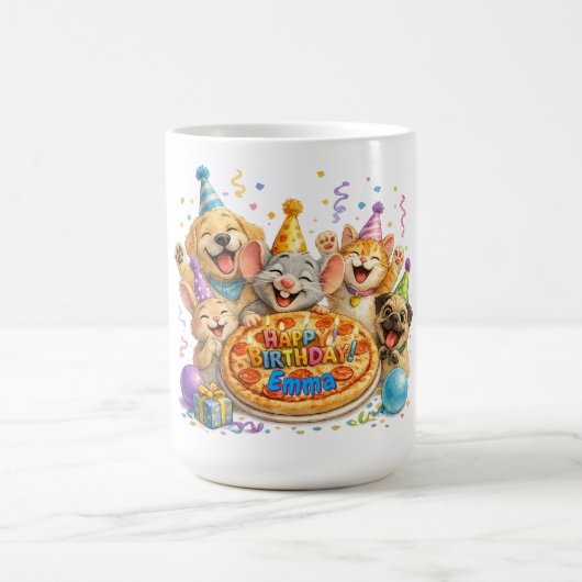 オーダーメイド 名前入り 誕生日 ピザパーティー 動物たち コーヒーマグカップ (中央)