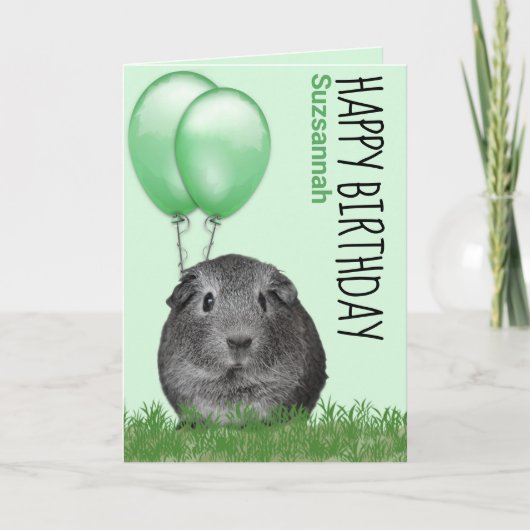 オーダーメイド 名前入り 誕生日 モルモット グリーンの風船 カード (正面)
