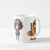 オーダーメイド 名前入り H 眠い朝のチェック柄 キャラクター コーヒーマグカップ (正面右)