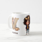 オーダーメイド 名前入り V 眠い朝のチェック柄 キャラクター コーヒーマグカップ (正面左)