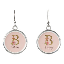 オーダーメイド 名前 ゴールド箔 バラ色 ピンクのバラ レター B イヤリング