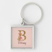 オーダーメイド 名前 ゴールド箔 バラ色 ピンクのバラ レター B キーホルダー (正面)