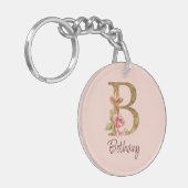 オーダーメイド 名前 ゴールド箔 バラ色 ピンクのバラ レター B キーホルダー (正面左)