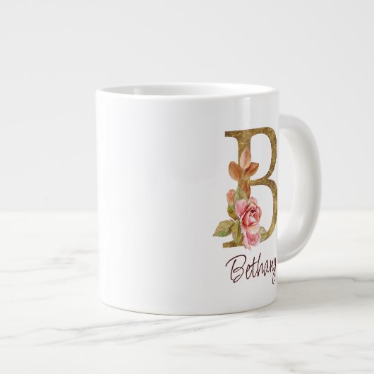 オーダーメイド 名前 ゴールド箔 バラ色 ピンクのバラ レター B ジャンボコーヒーマグカップ (正面右)