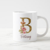 オーダーメイド 名前 ゴールド箔 バラ色 ピンクのバラ レター B ジャンボコーヒーマグカップ (右)