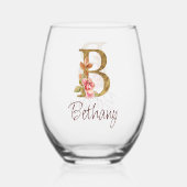 オーダーメイド 名前 ゴールド箔 バラ色 ピンクのバラ レター B ステムなしワイングラス (裏面)