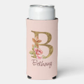 オーダーメイド 名前 ゴールド箔 バラ色 ピンクのバラ レター B スリム缶クーラー (Seltzer正面)