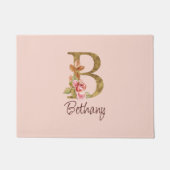 オーダーメイド 名前 ゴールド箔 バラ色 ピンクのバラ レター B ドアマット (正面)