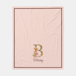 オーダーメイド 名前 ゴールド箔 バラ色 ピンクのバラ レター B フリースブランケット