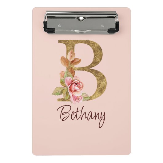 オーダーメイド 名前 ゴールド箔 バラ色 ピンクのバラ レター B ミニクリップボード (正面)