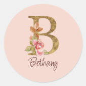 オーダーメイド 名前 ゴールド箔 バラ色 ピンクのバラ レター B ラウンドシール (正面)