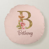 オーダーメイド 名前 ゴールド箔 バラ色 プレゼント レター B ラウンドクッション (正面)
