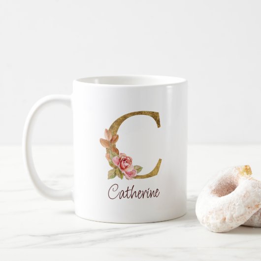 オーダーメイド 名前 ゴールド箔 バラ ピンク くすみ Letter C コーヒーマグカップ (ドーナツ)