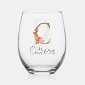 オーダーメイド 名前 ゴールド箔 バラ ピンク くすみ Letter C ステムなしワイングラス (正面)