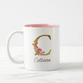 オーダーメイド 名前 ゴールド箔 バラ ピンク くすみ Letter C ツートーンマグカップ (左)