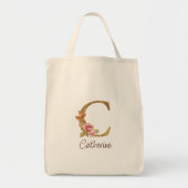 オーダーメイド 名前 ゴールド箔 バラ ピンク くすみ Letter C トートバッグ (正面)