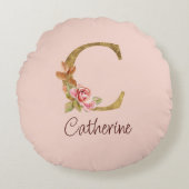 オーダーメイド 名前 ゴールド箔 バラ ピンク くすみ Letter C ラウンドクッション (正面)