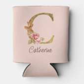 オーダーメイド 名前 ゴールド箔 バラ ピンク くすみ Letter C 缶クーラー (正面)